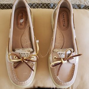 Tan and gold Sperry Shoes